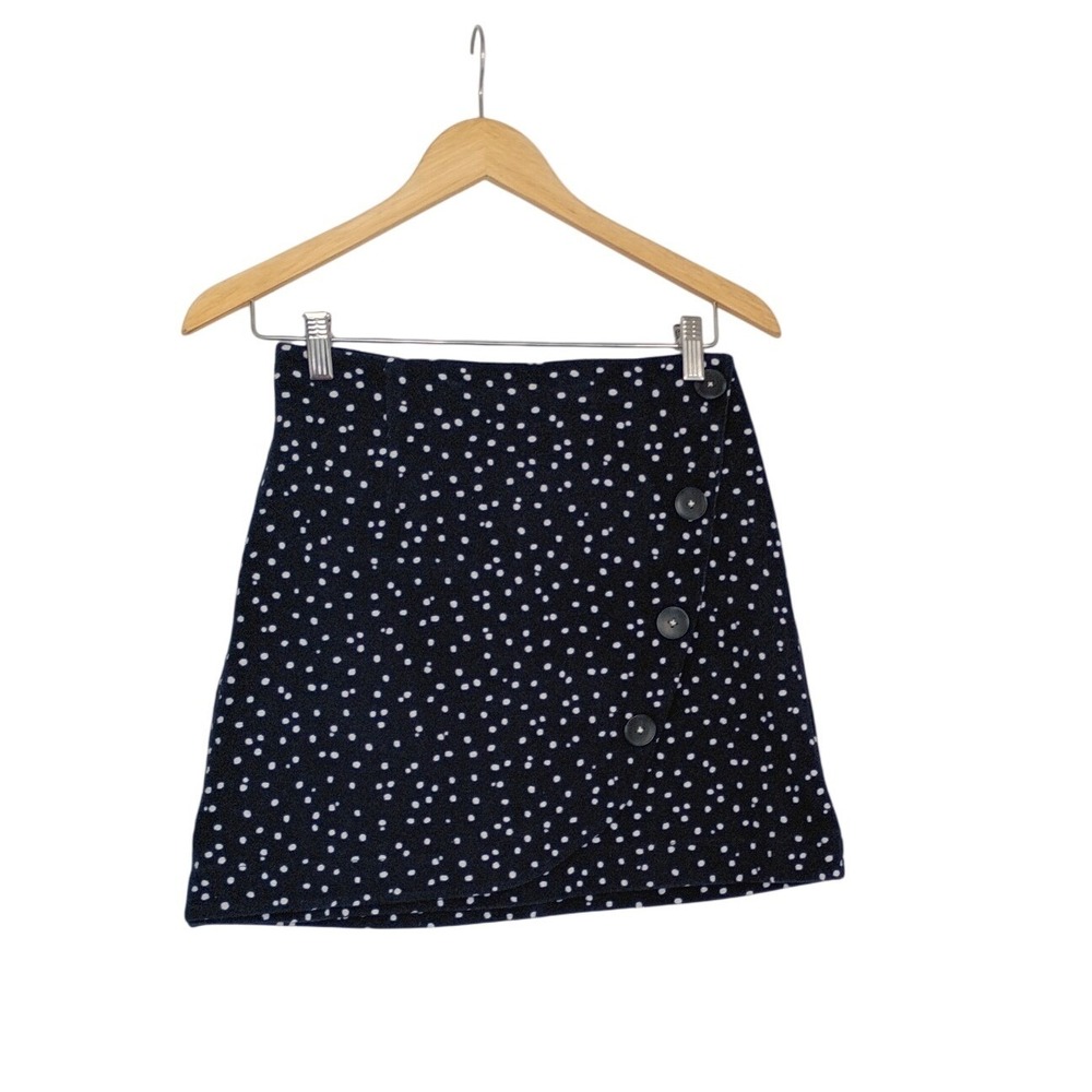 Anthropologie Maeve Polka Dot Mini Skirt Navy Cotton Faux Wrap Button S Chic‎